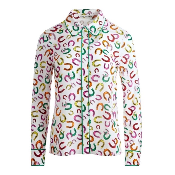 New! ALICE + OLIVIA “Lucky You” Willa Placket Horseshoe Silk Top with Piping - Picture 2 of 11